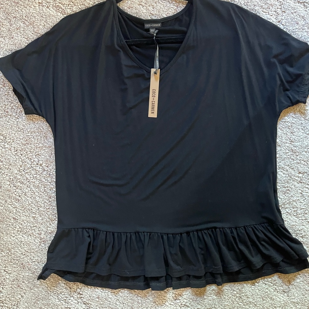 Coco + Carmen Elegant Black Ruffle Hem Tee